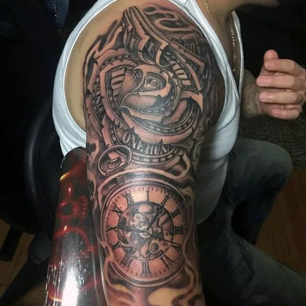 gentleman-with-pocket-watch-and-money-rose-sleeve-tattoo