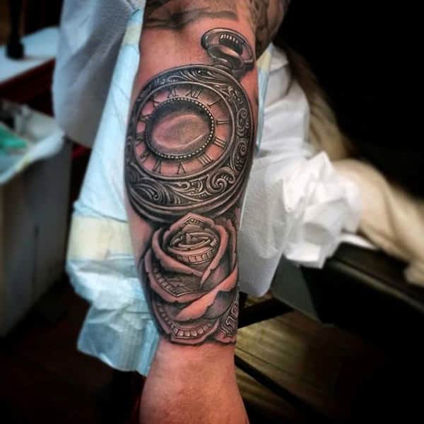 mens-pocket-watch-with-money-rose-forearm-tattoos